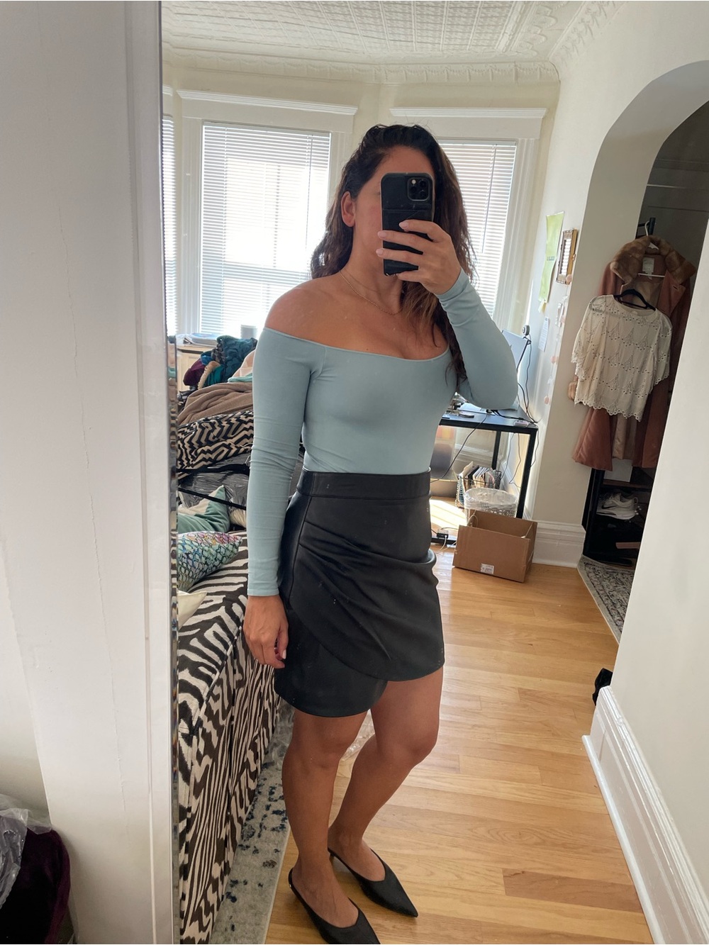 SKIMS off the shoulder Long Sleeve bodysuit in sky blue.